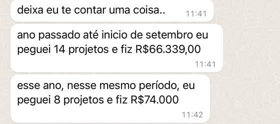 Mensagem de cliente: De 14 projetos e R$ 66 mil para 8 projetos e R$ 74 mil